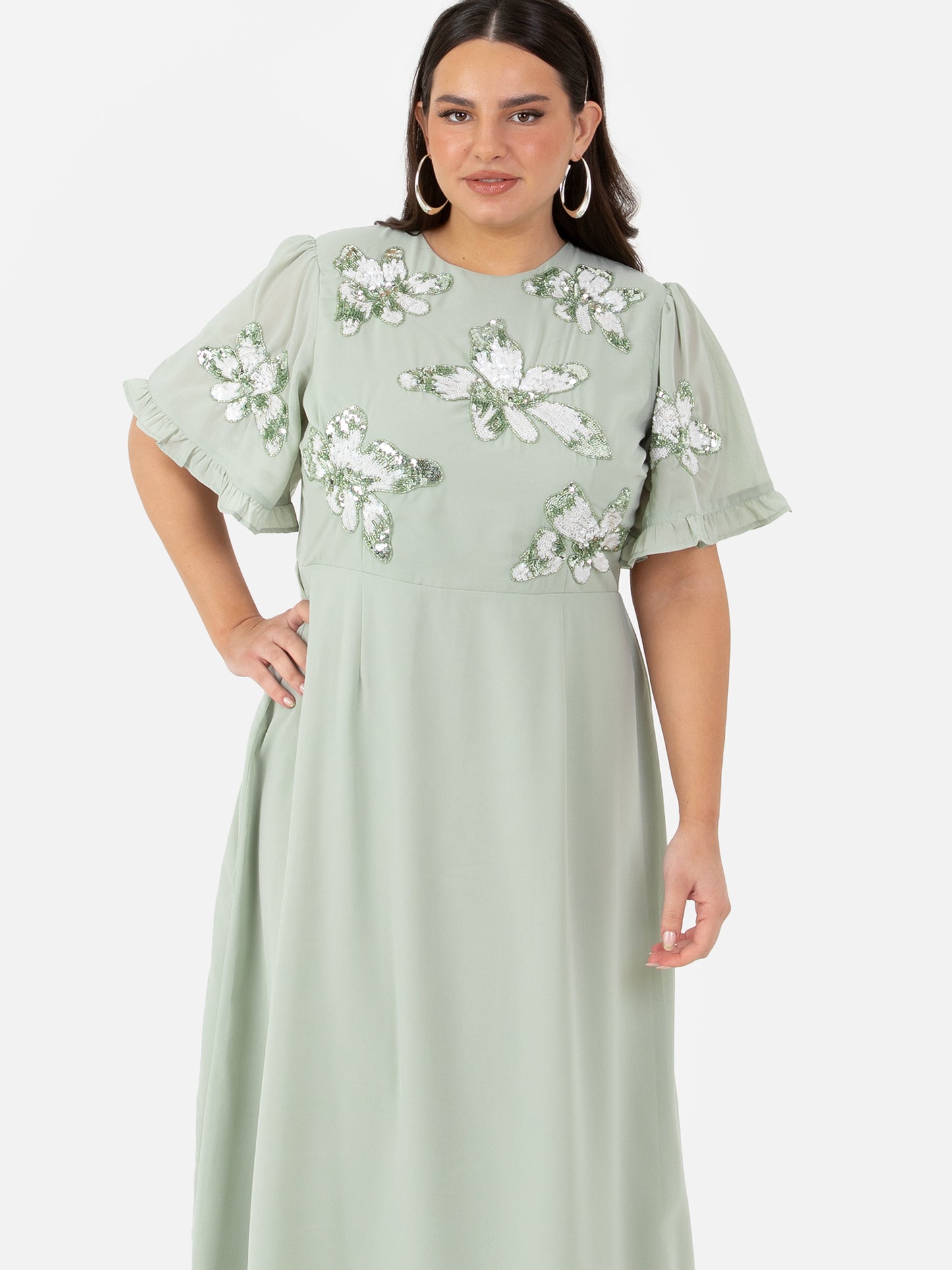 Maya Sage Green Floral Embellished Angel Sleeve Chiffon Maxi Dress