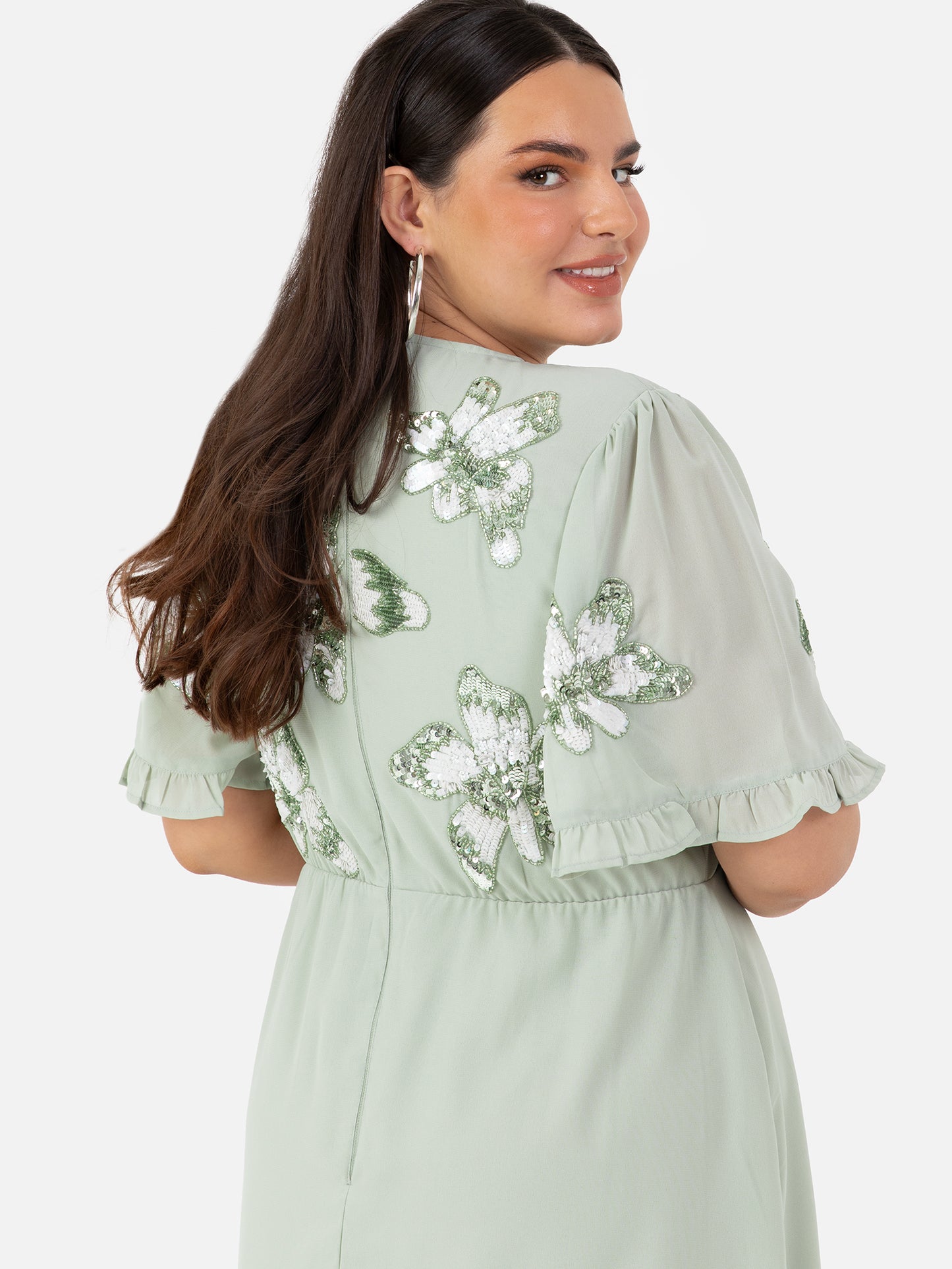Maya Sage Green Floral Embellished Angel Sleeve Chiffon Maxi Dress