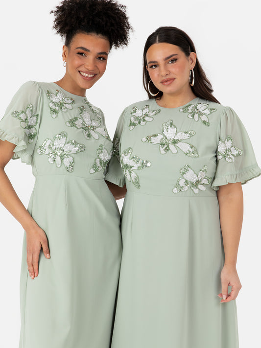 Maya Sage Green Floral Embellished Angel Sleeve Chiffon Maxi Dress