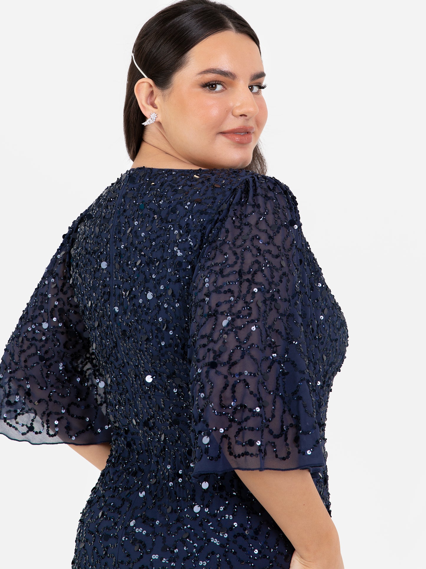 Maya Navy Fully Embellished Angel Sleeve Maxi Dress