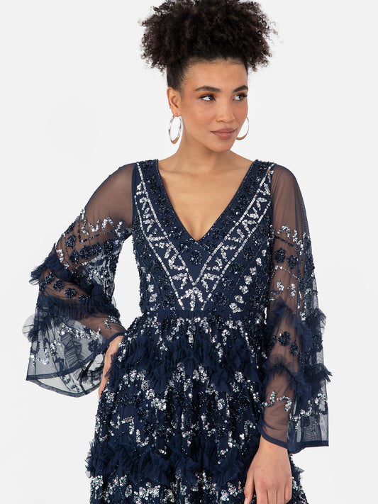 Maya Navy Fully Embellished Maxi Dress With Frill Detail