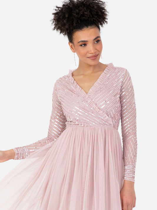 Maya Frosted Pink Stripe Embellished Faux Wrap Bodice Maxi Dress