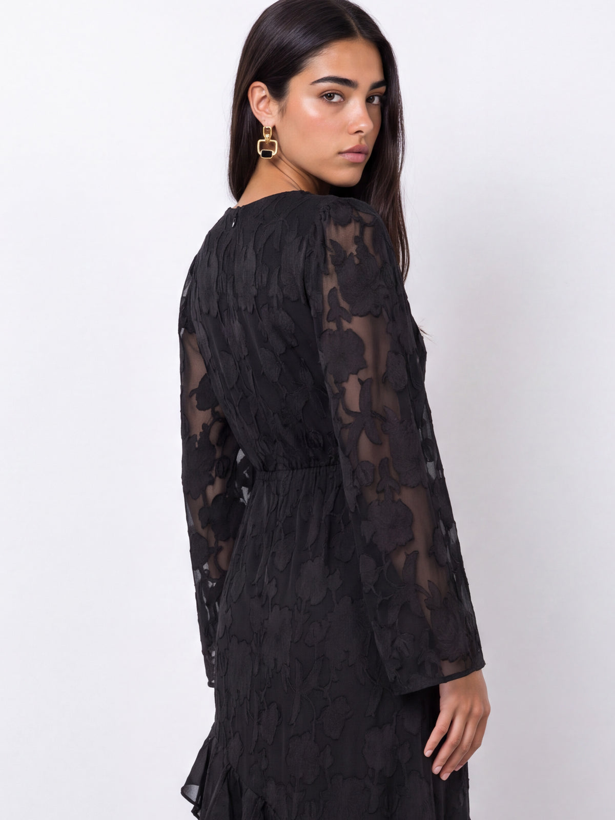 Anaya With Love Recycled Black Floral Burnout Gathered Round Neck Waterfall Ruffle Maxi Dress