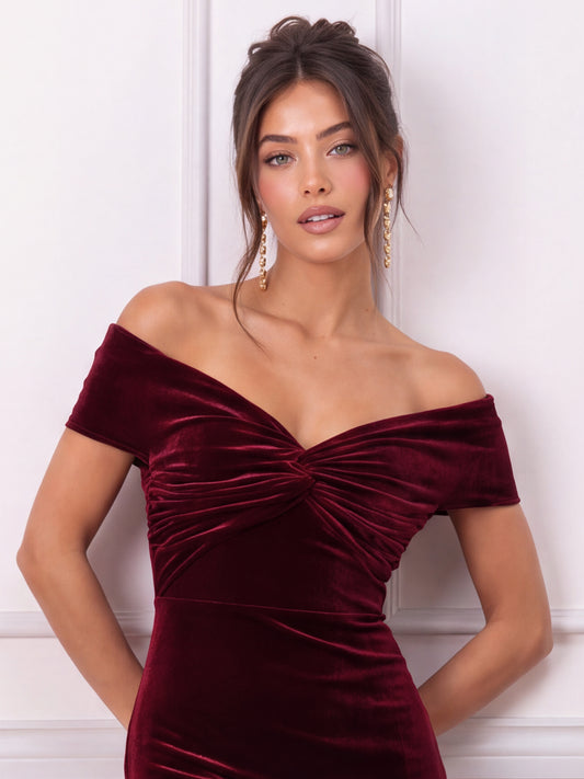 Maya Cranberry Twist Front Bardot Velvet Maxi Dress