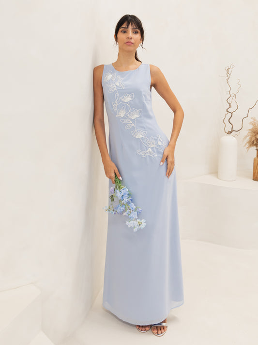 Maya Pastel Blue Floral Embroidered Cowl Back Maxi Dress