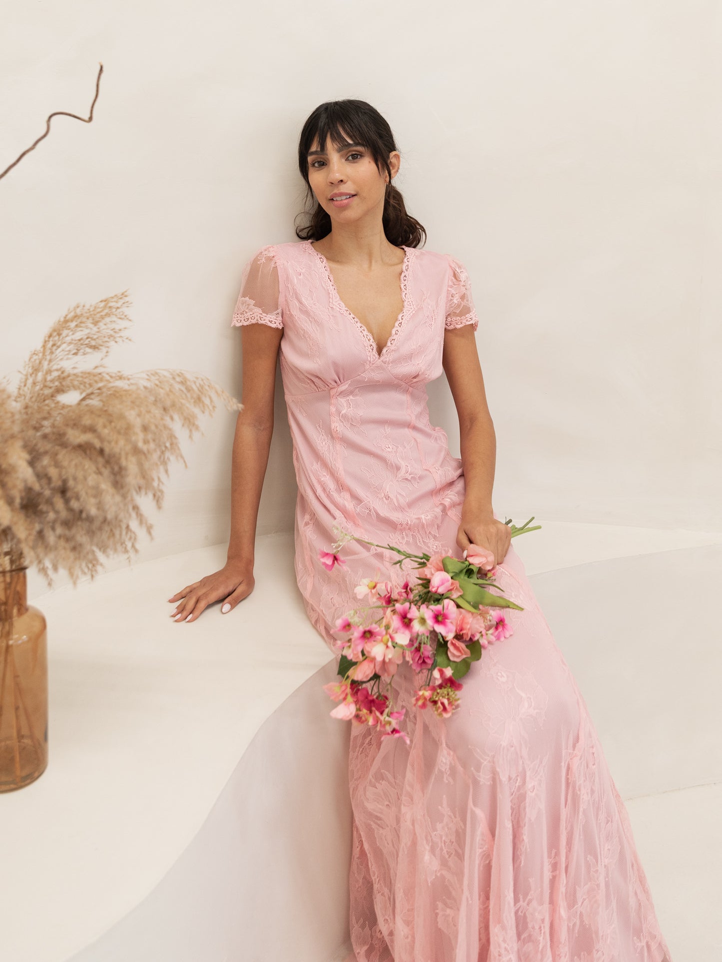 Maya Soft Pink Lace V Neck Maxi Dress – Maya Deluxe