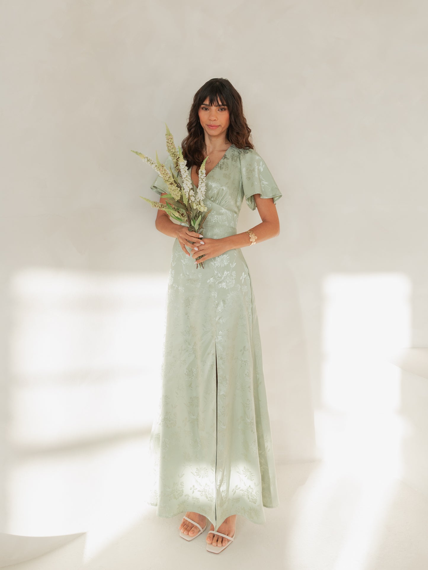 Maya Meadow Green Floral Jacquard Satin Maxi Dress