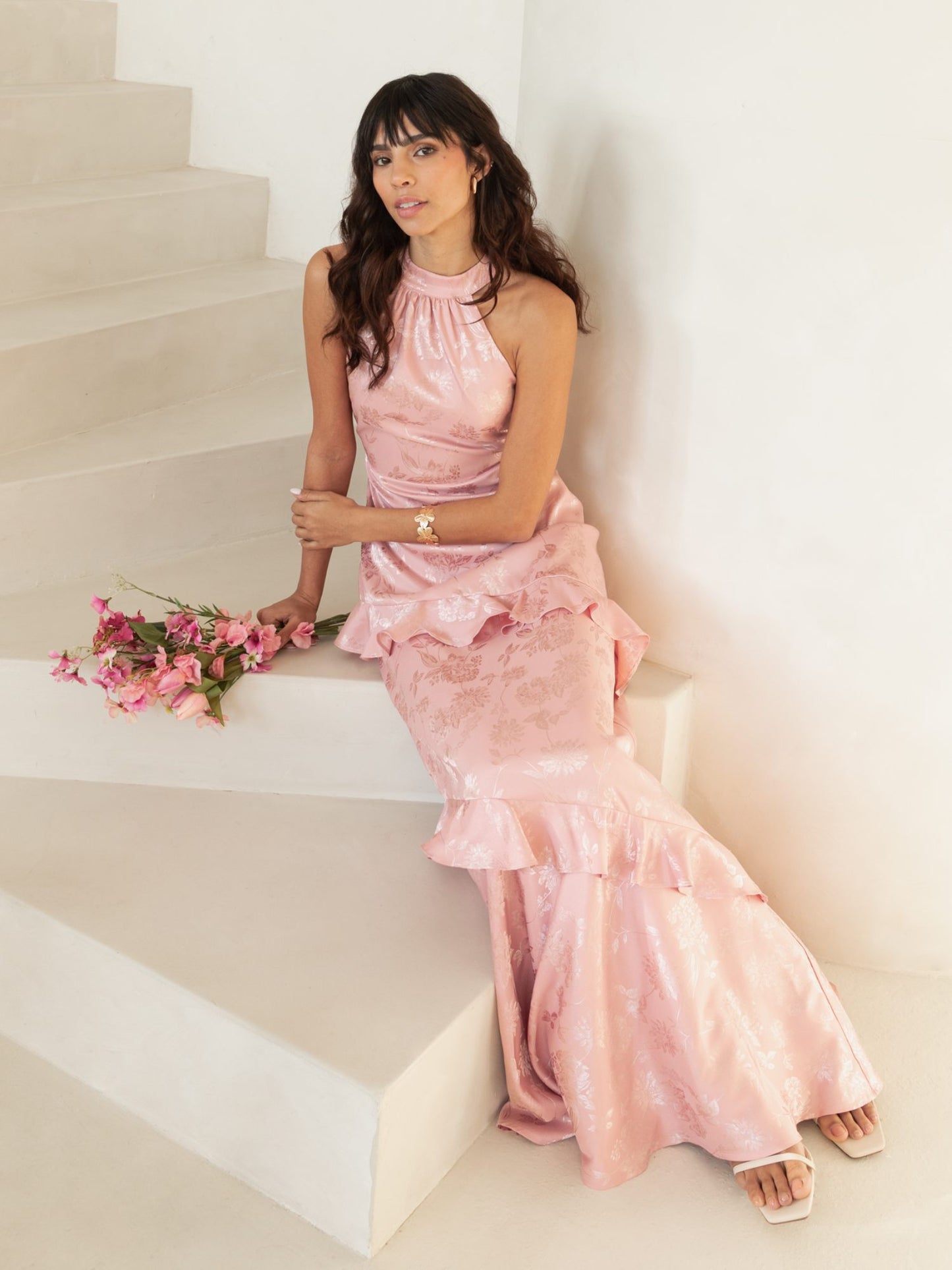 Maya Soft Pink Floral Jacquard Satin Halter Neck Maxi Dress