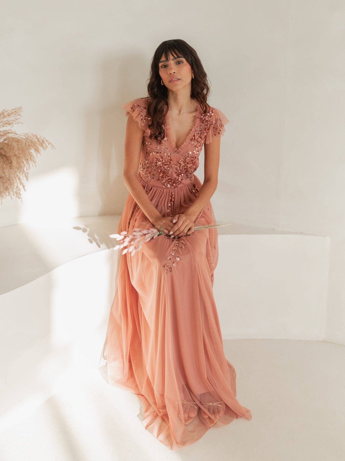 Maya Terracotta Pink Embellished Tulle Maxi Dress with Open Back