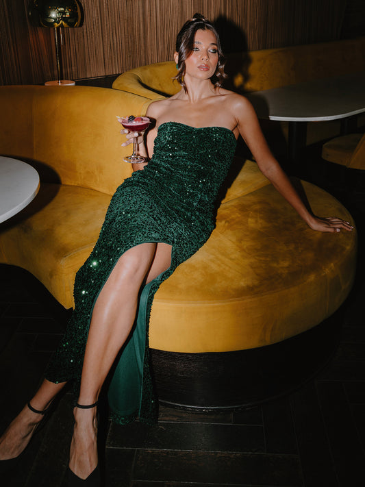 Maya Emerald Green Embellished Velvet Bandeau Maxi Dress