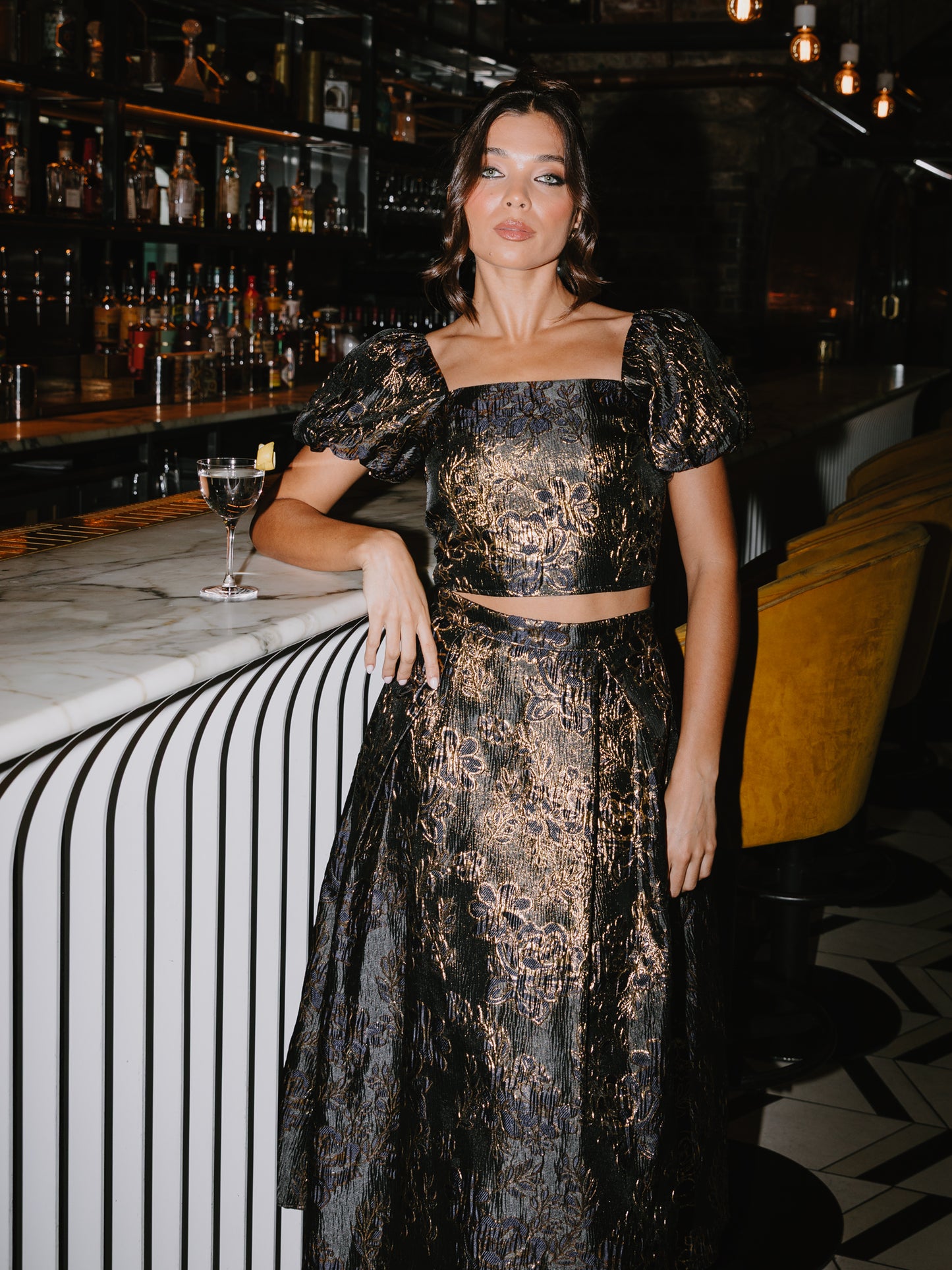 Maya Gold Floral Jacquard Pleated Midi Skirt with Pockets