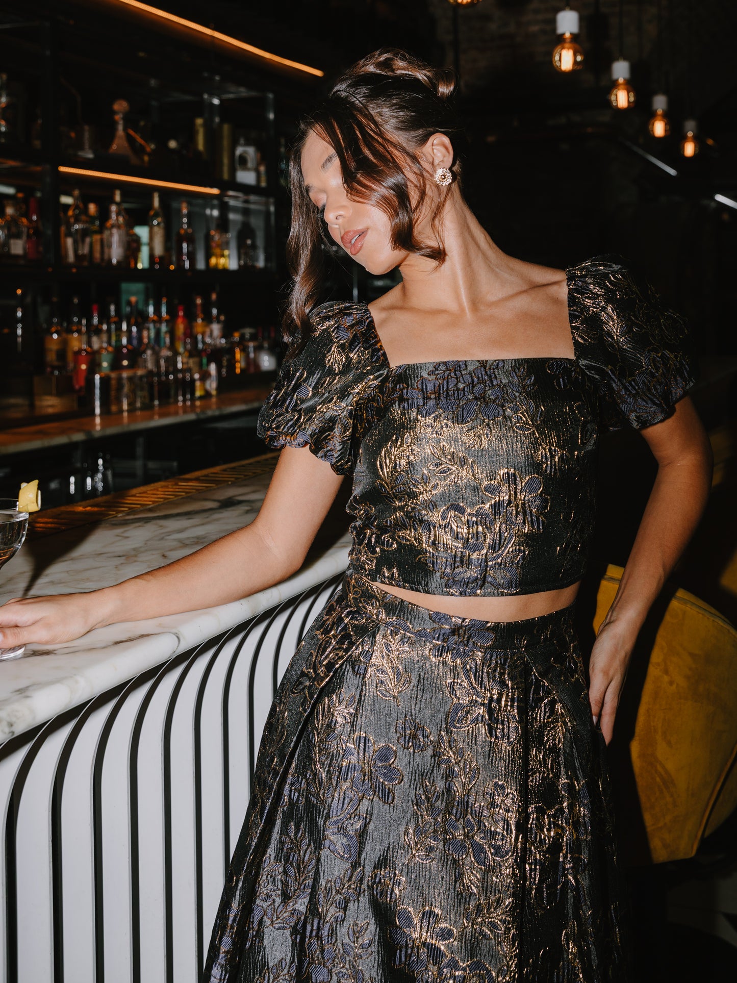 Maya Floral Jacquard Square Neck Puff Sleeve Crop Top