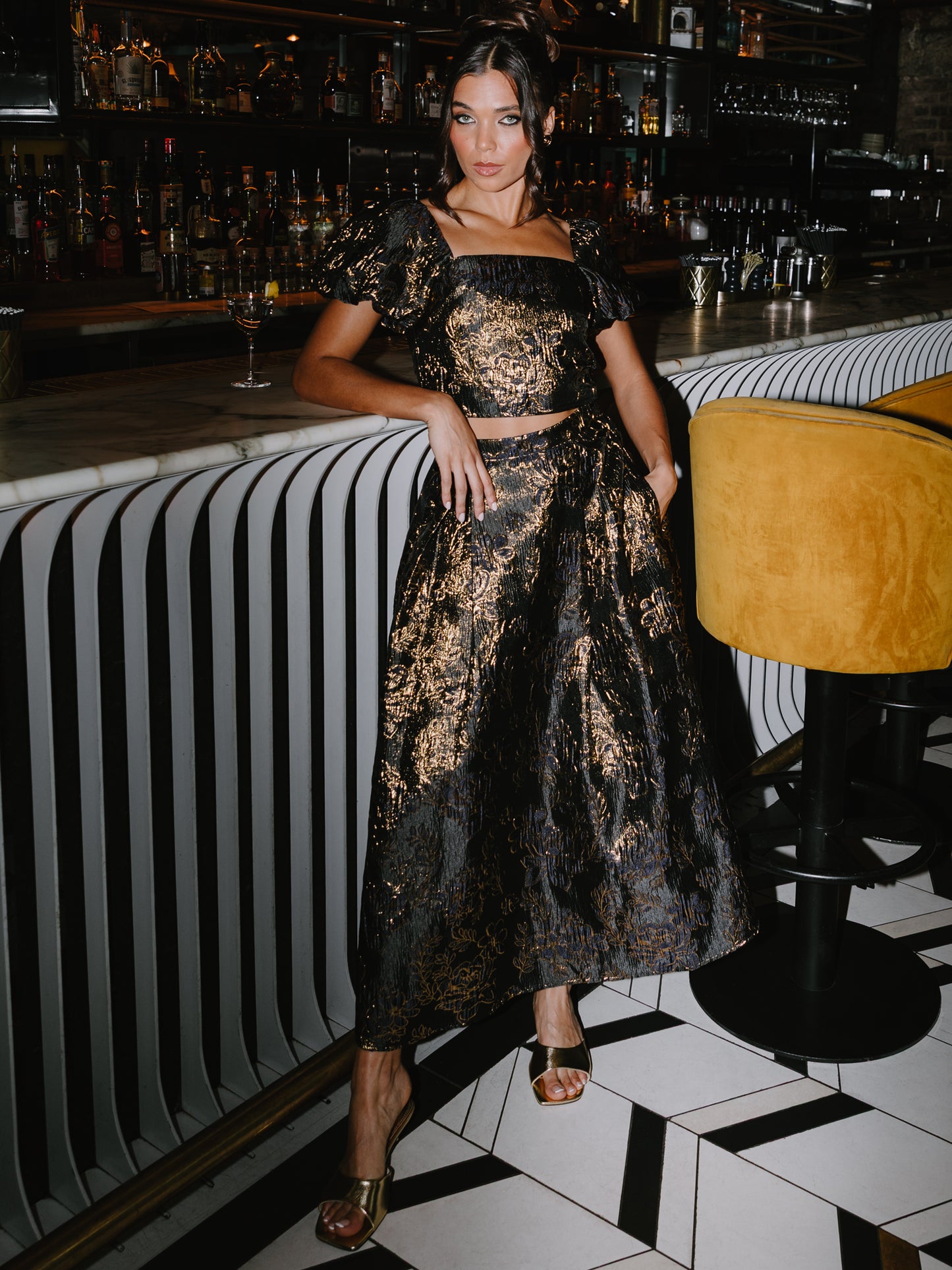 Maya Floral Jacquard Square Neck Puff Sleeve Crop Top