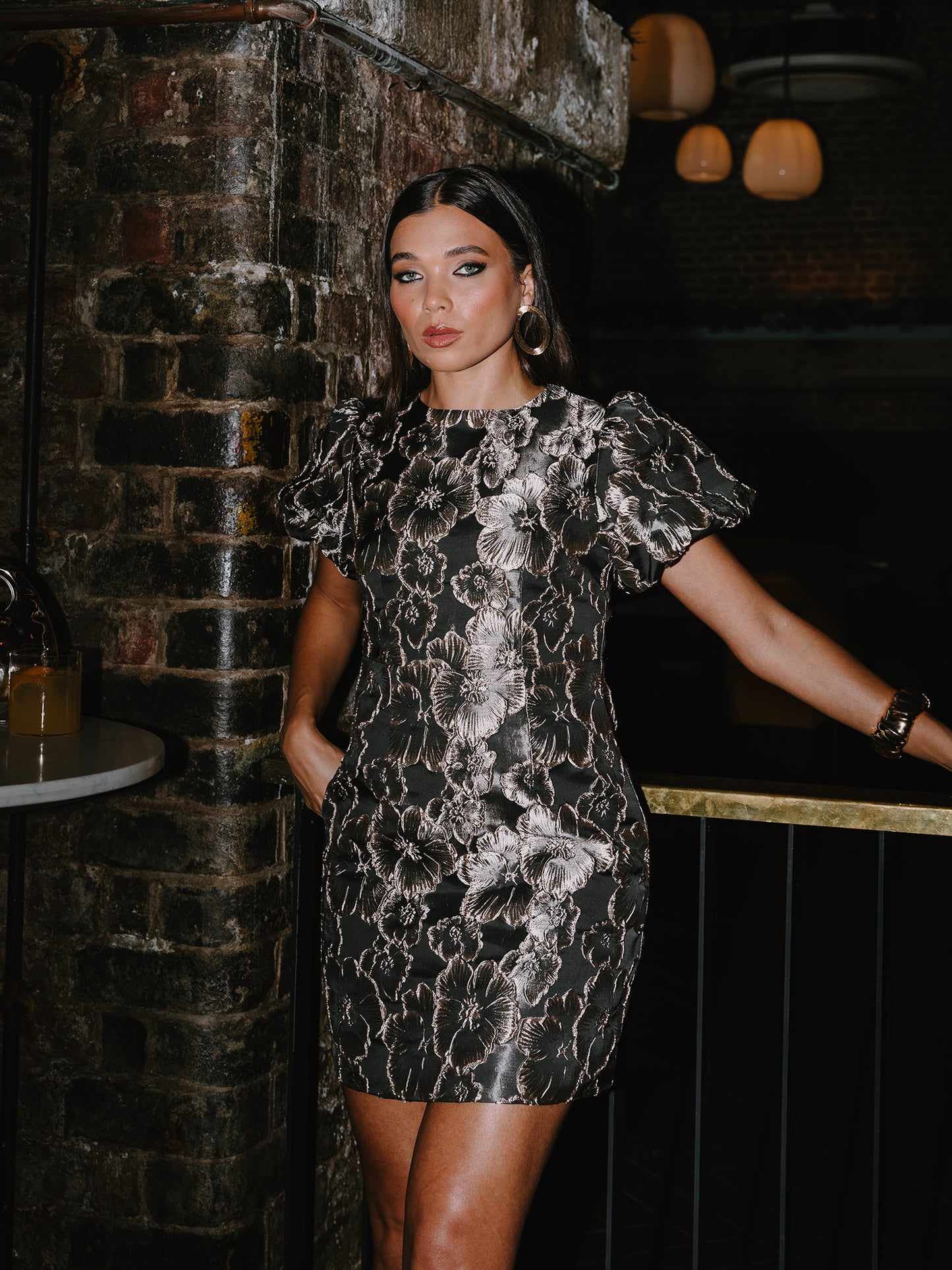 Maya Black & Gold Floral Jacquard Keyhole Back Mini Dress