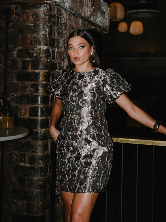 Maya Black & Gold Floral Jacquard Keyhole Back Mini Dress
