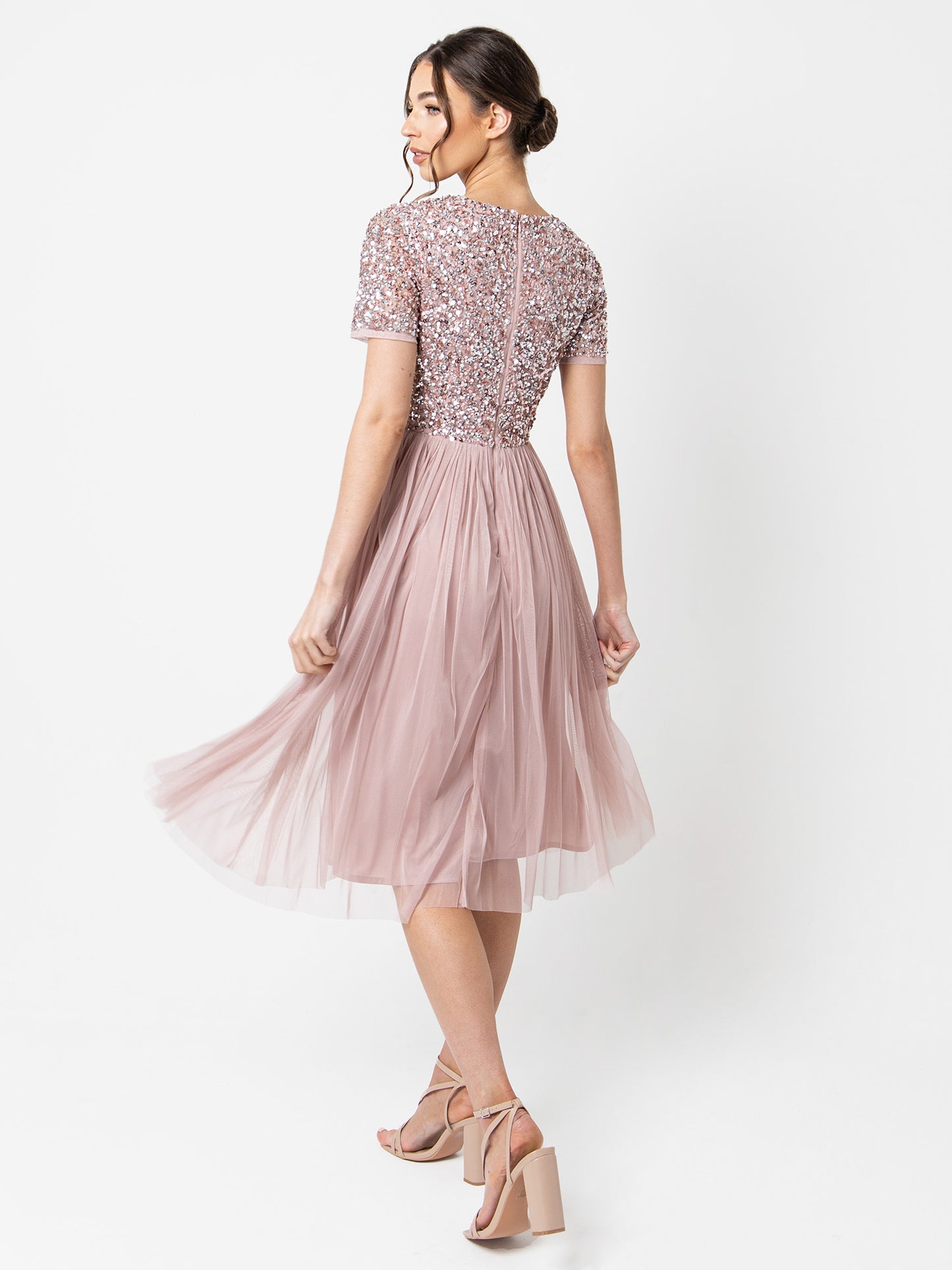 Maya Frosted Pink V Neckline Embellished Midi Dress