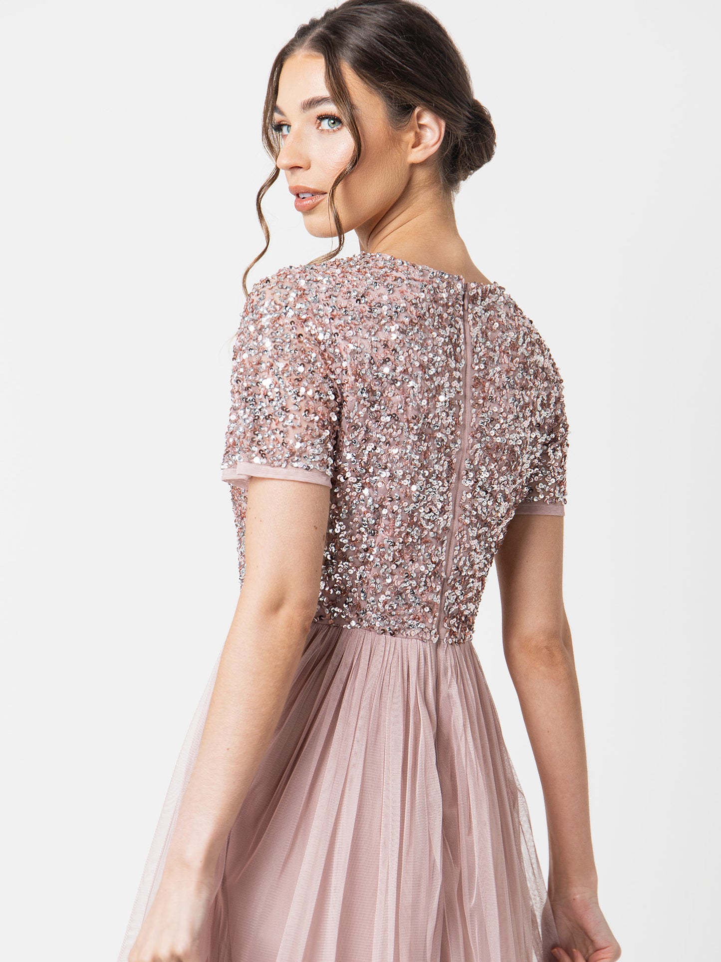 Maya Frosted Pink V Neckline Embellished Midi Dress