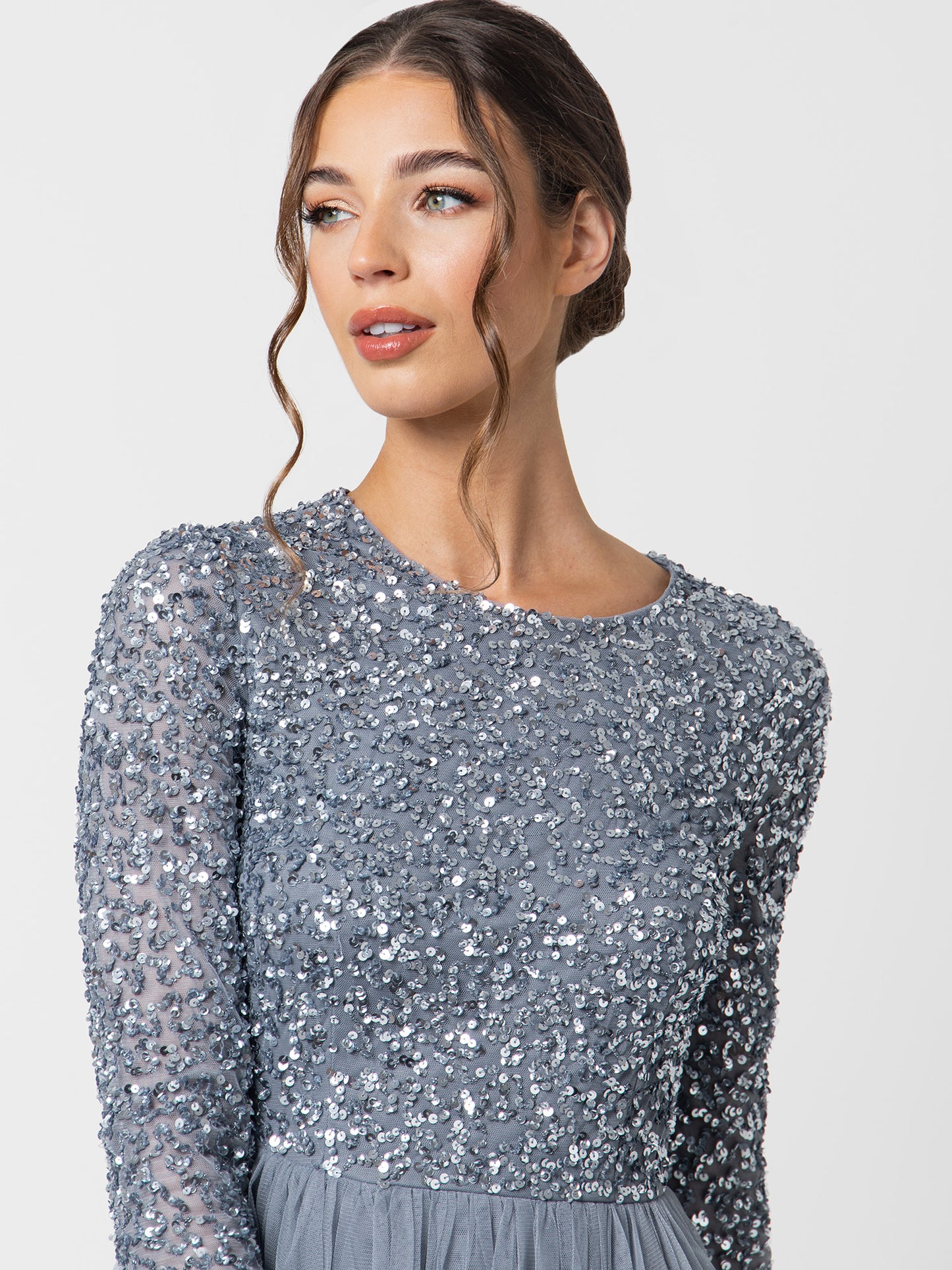 Maya Dusty Blue Embellished Long Sleeve Maxi Dress