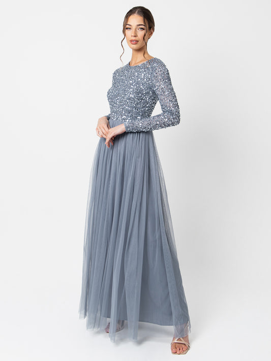 Maya Dusty Blue Embellished Long Sleeve Maxi Dress
