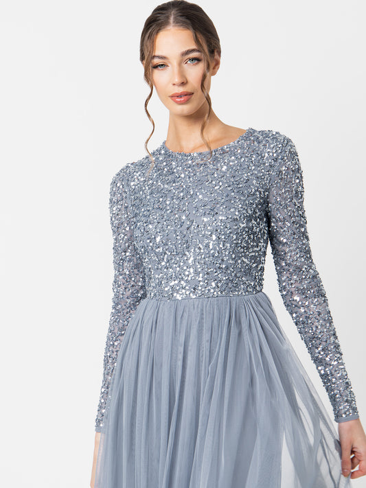 Maya Dusty Blue Embellished Long Sleeve Maxi Dress
