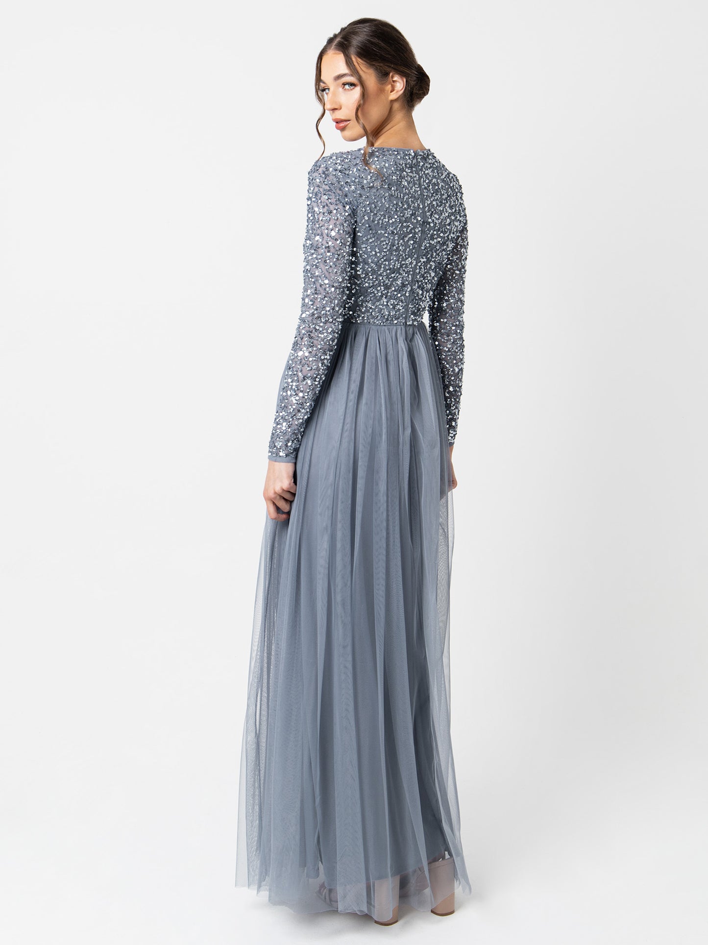 Maya Dusty Blue Embellished Long Sleeve Maxi Dress