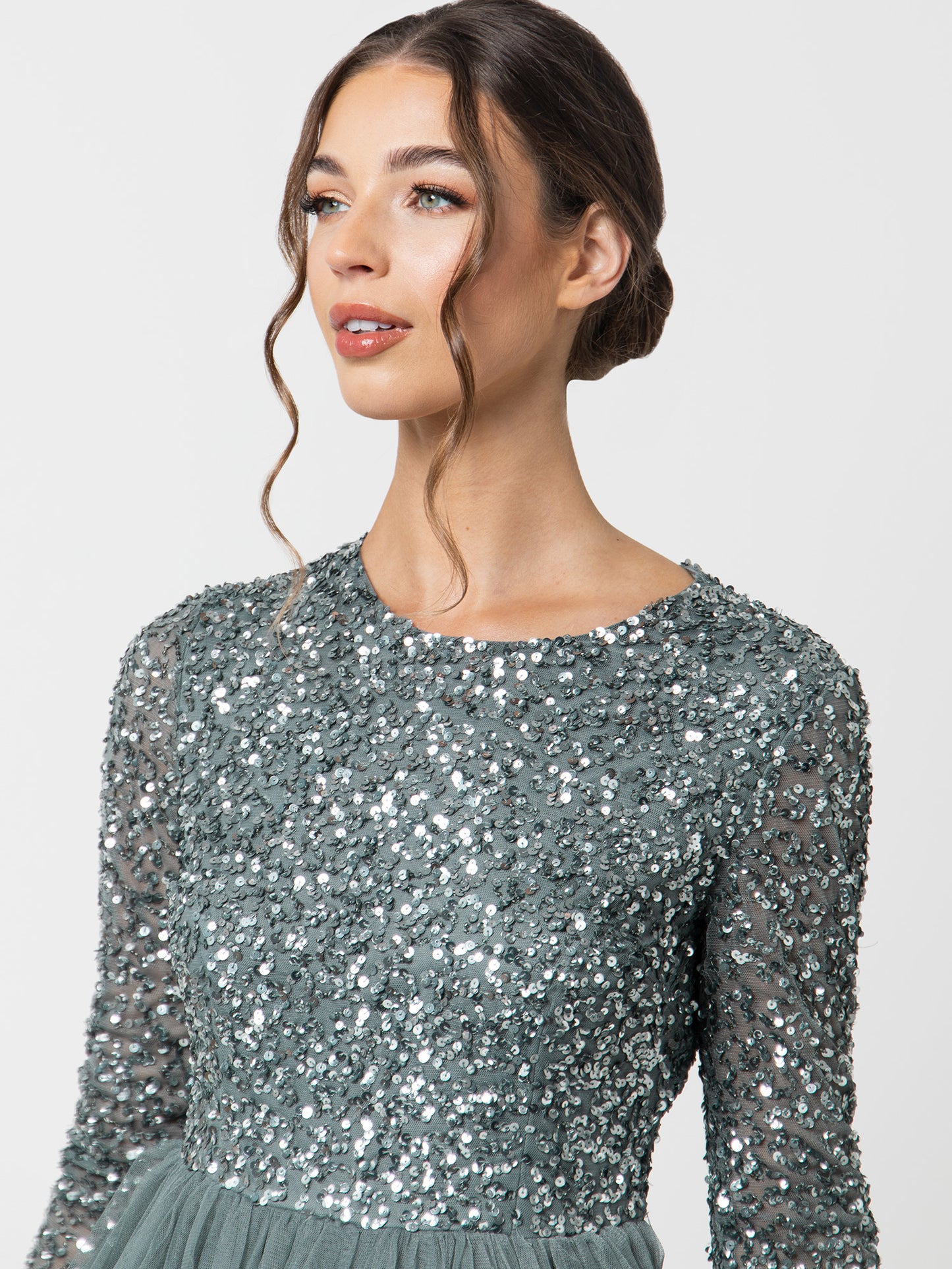 Maya Misty Green Embellished Long Sleeve Maxi Dress