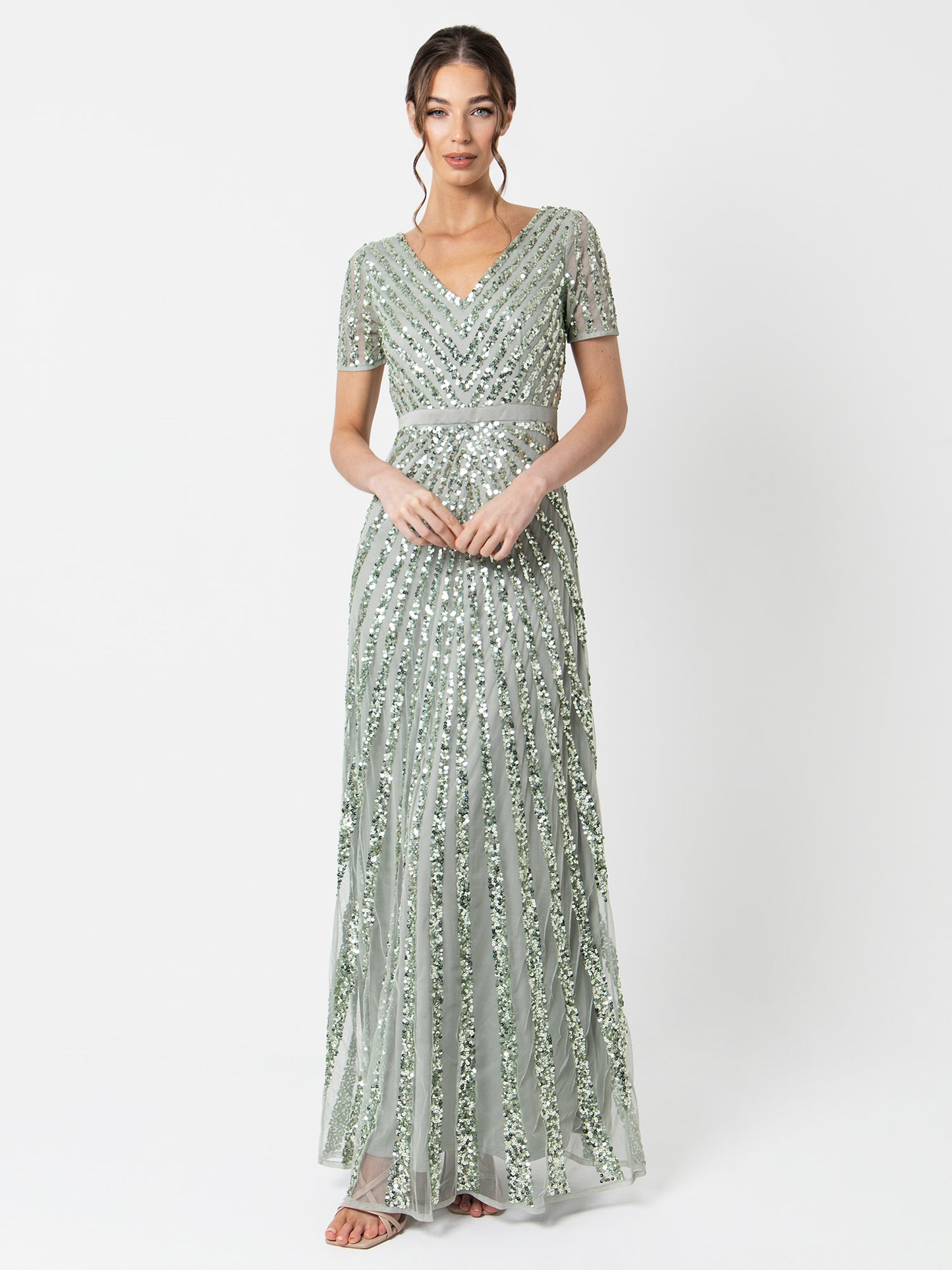 Maya Sage Green Short Sleeve Stripe Embellished Maxi Dress