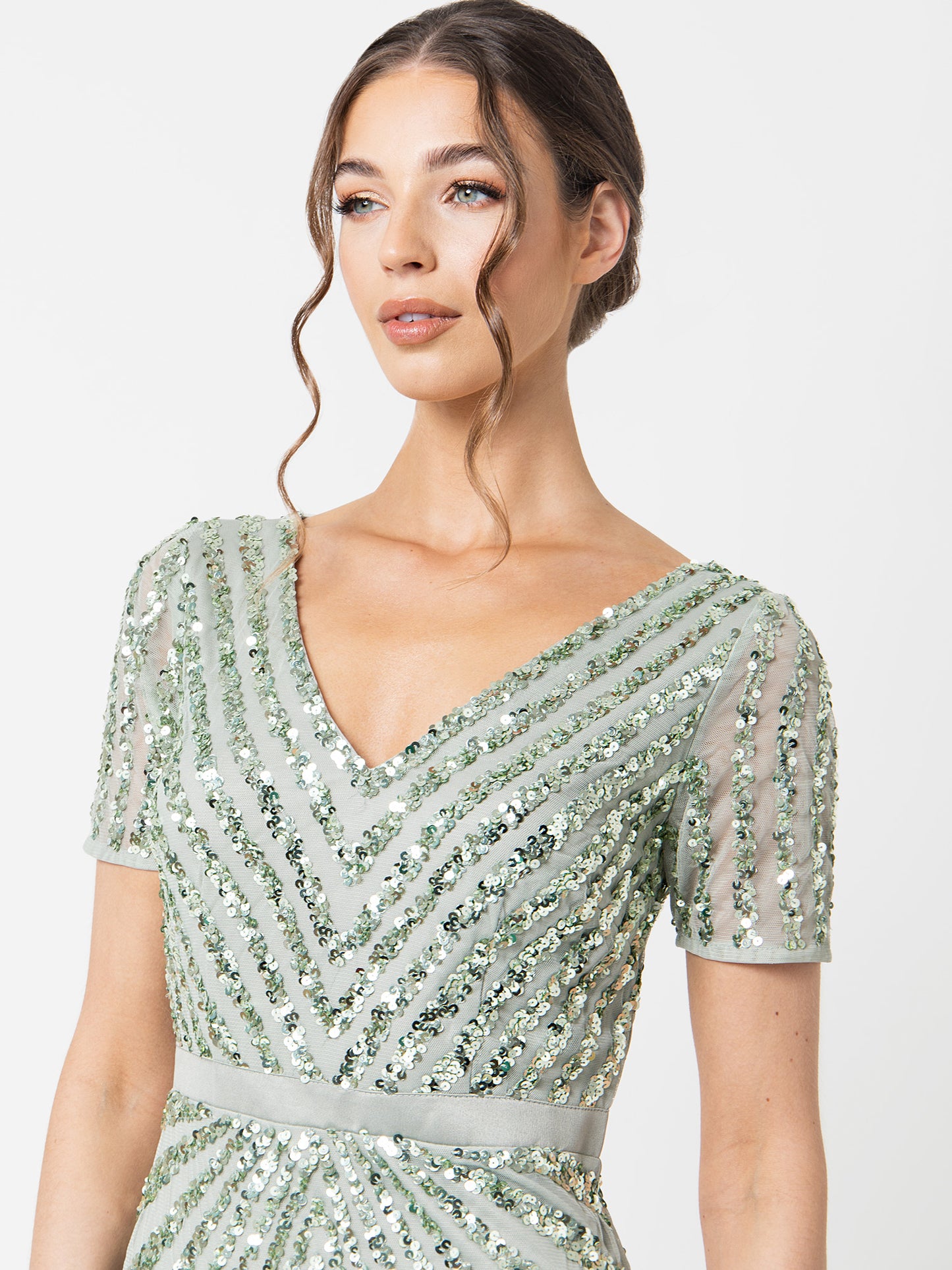 Maya Sage Green Short Sleeve Stripe Embellished Maxi Dress