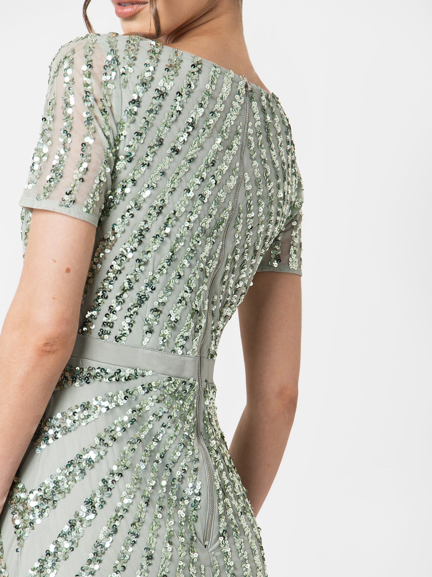 Maya Sage Green Short Sleeve Stripe Embellished Maxi Dress