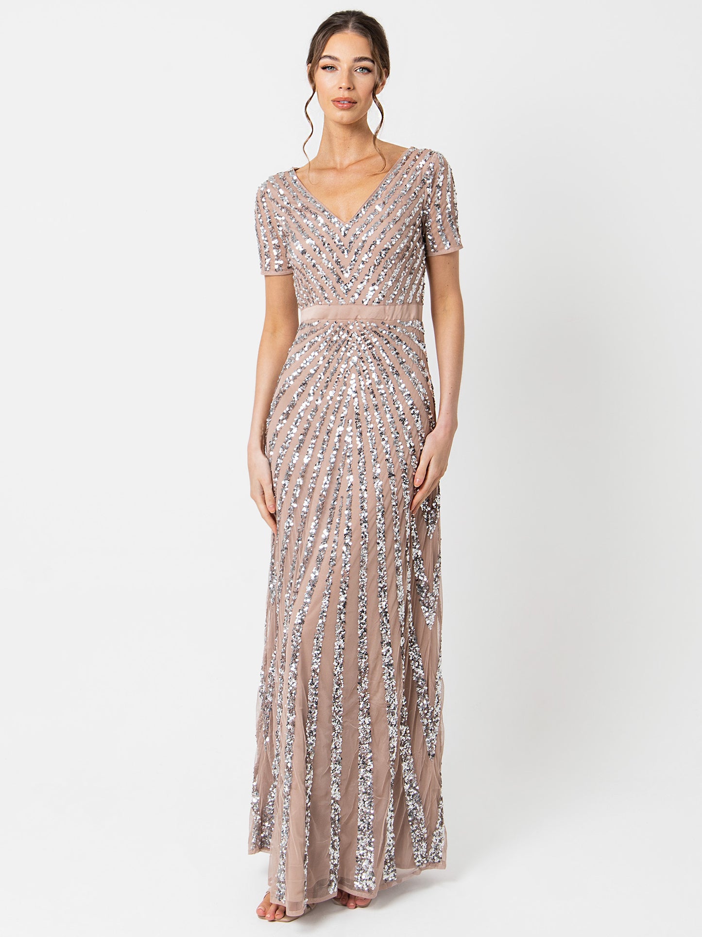 Maya Taupe Blush Short Sleeve Stripe Embellished Maxi Dress