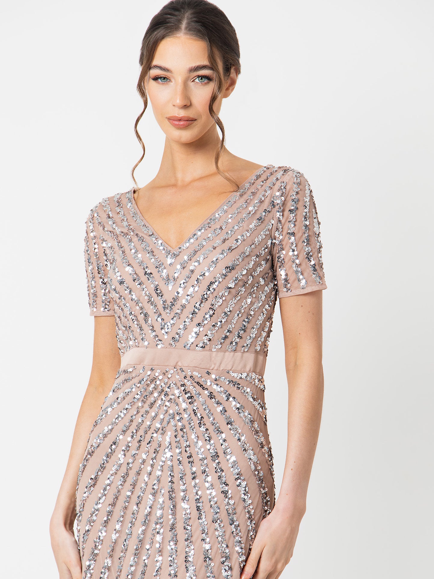 Maya Taupe Blush Short Sleeve Stripe Embellished Maxi Dress