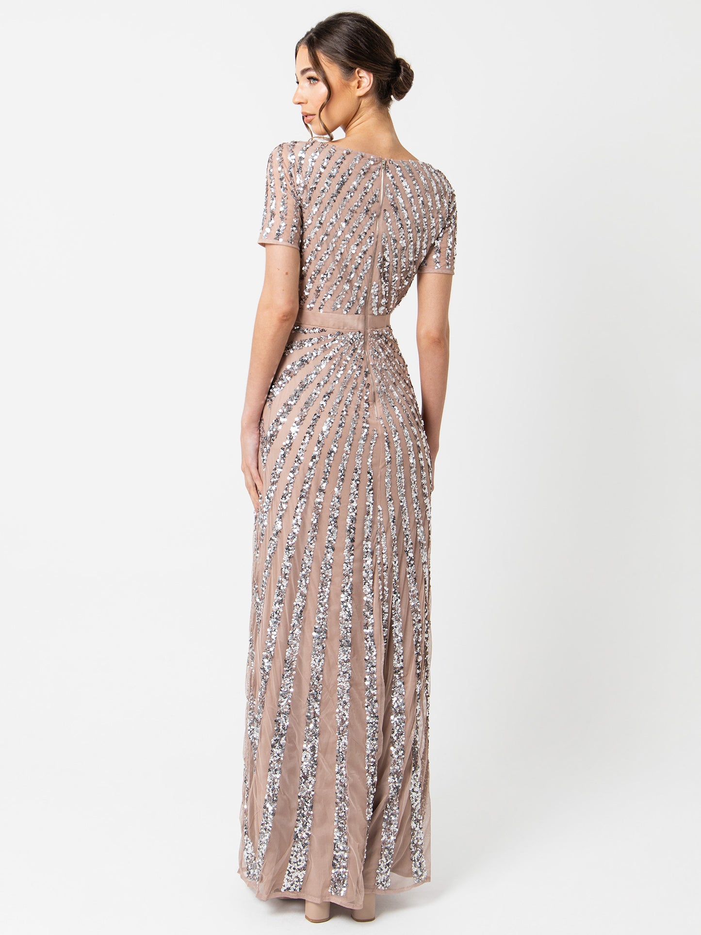 Maya Taupe Blush Short Sleeve Stripe Embellished Maxi Dress