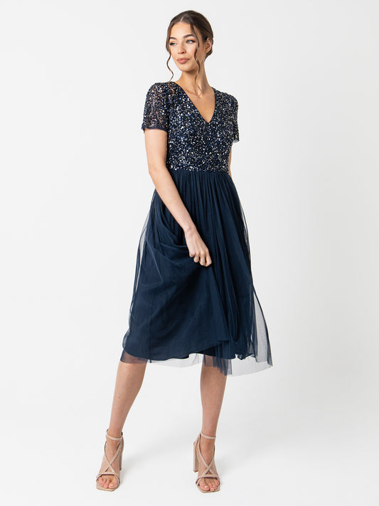 Maya Navy V Neckline Embellished Midi Dress
