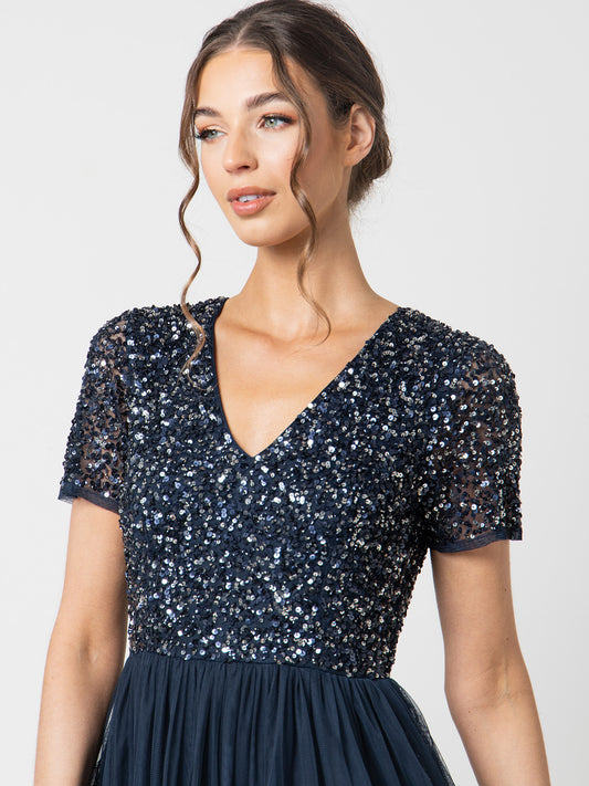 Maya Navy V Neckline Embellished Midi Dress