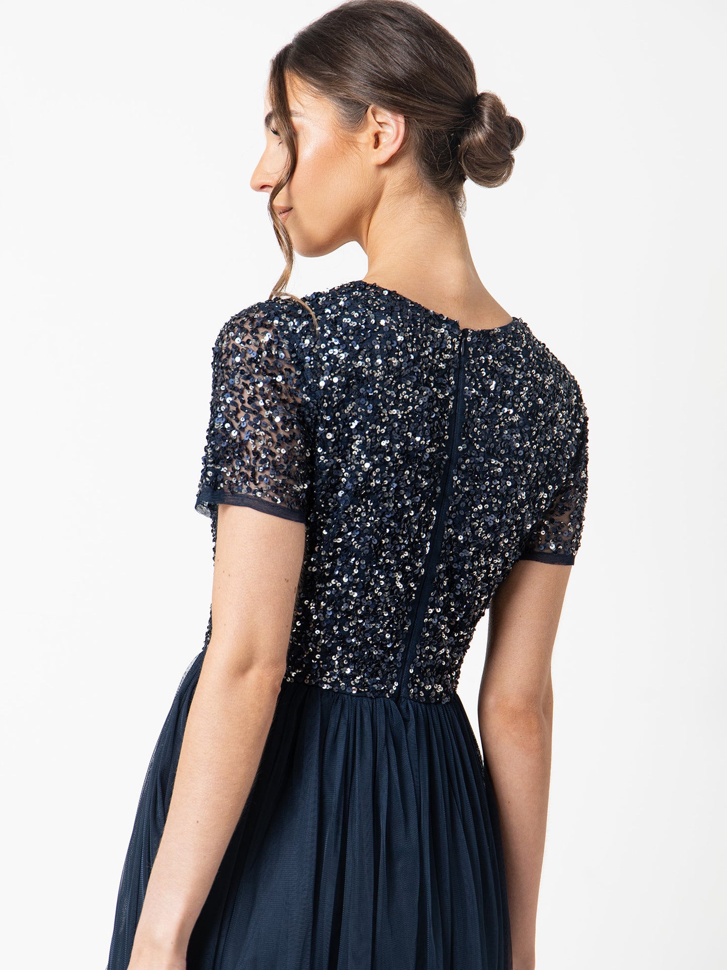 Maya Navy V Neckline Embellished Midi Dress