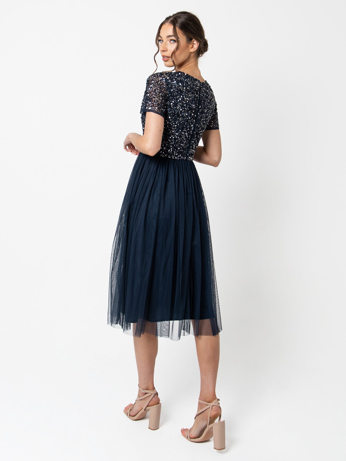 Maya Navy V Neckline Embellished Midi Dress