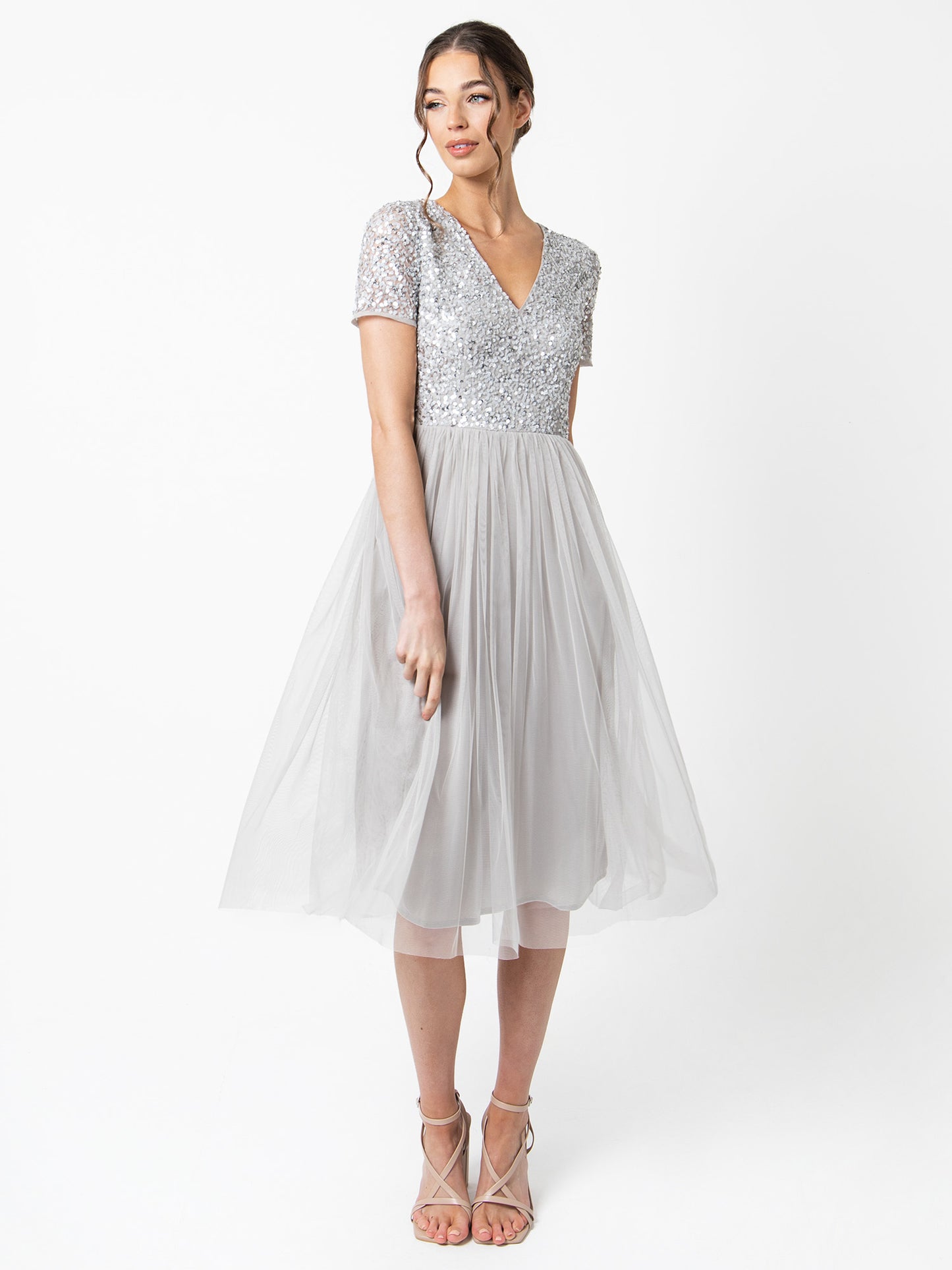 Maya Soft Grey V Neckline Embellished Midi Dress