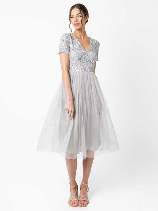 Maya Soft Grey V Neckline Embellished Midi Dress