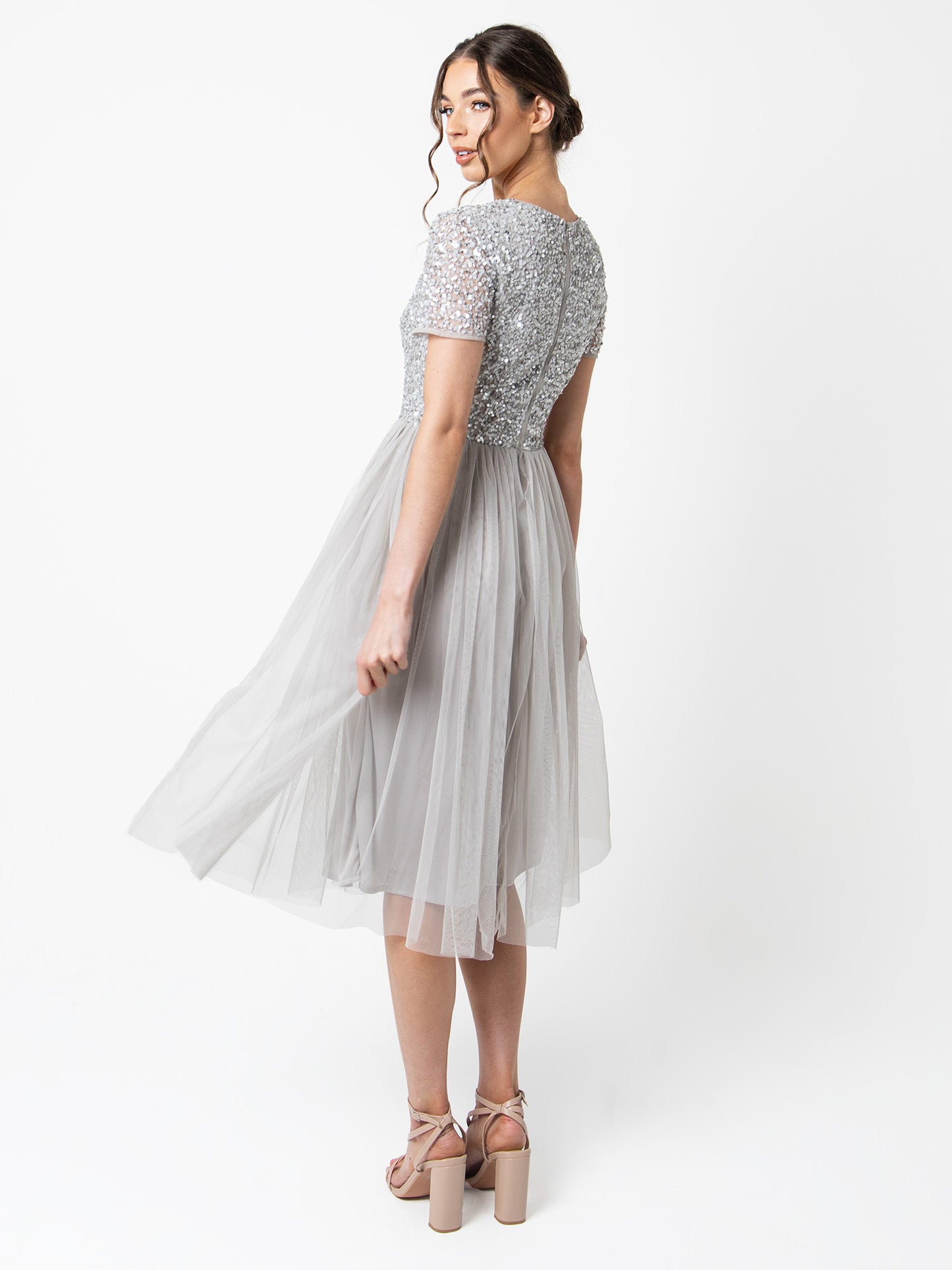 Maya Soft Grey V Neckline Embellished Midi Dress