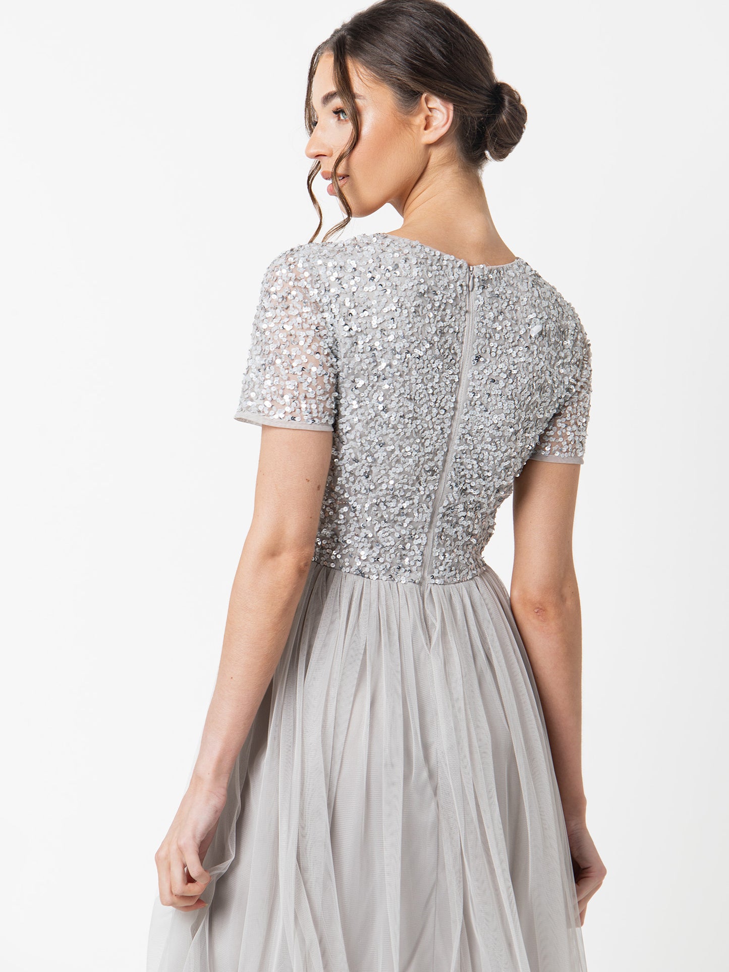 Maya Soft Grey V Neckline Embellished Midi Dress