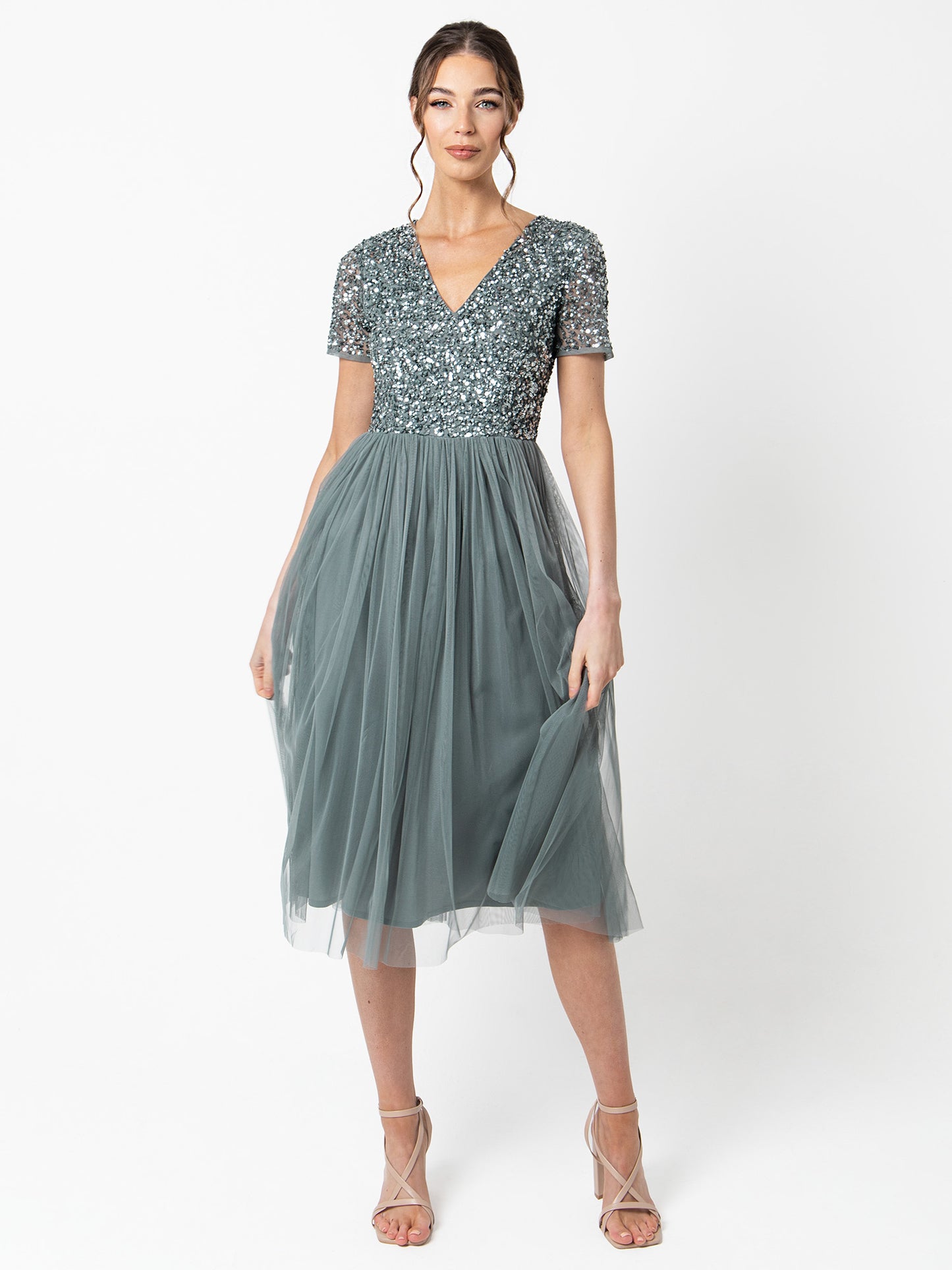 Maya Misty Green V Neckline Embellished Midi Dress