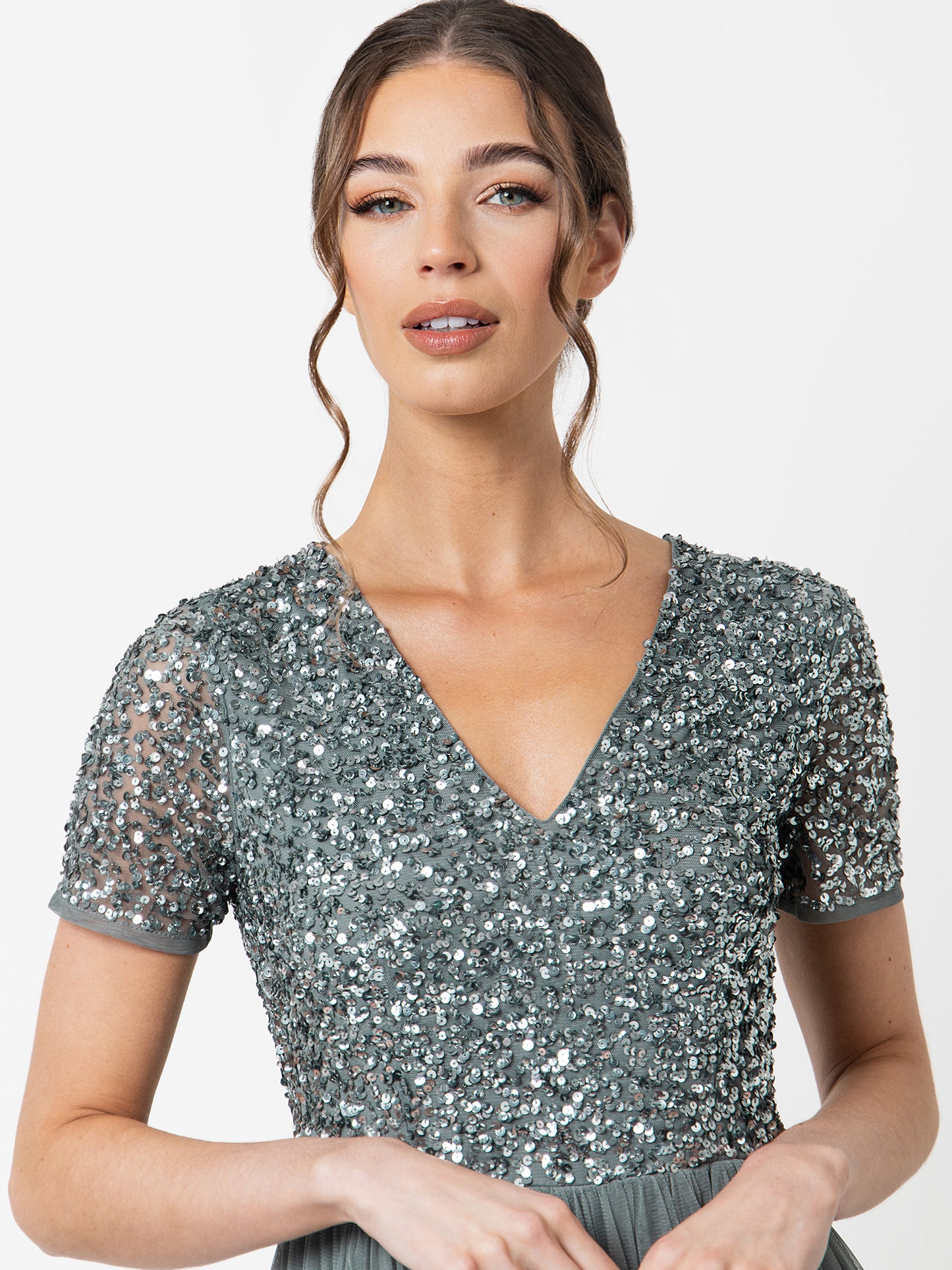 Maya Misty Green V Neckline Embellished Midi Dress
