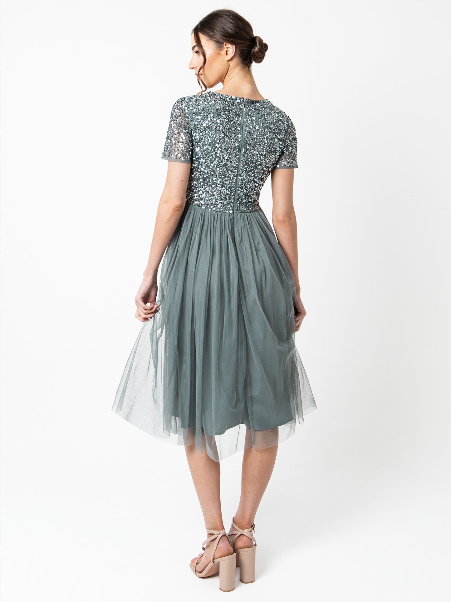 Maya Misty Green V Neckline Embellished Midi Dress