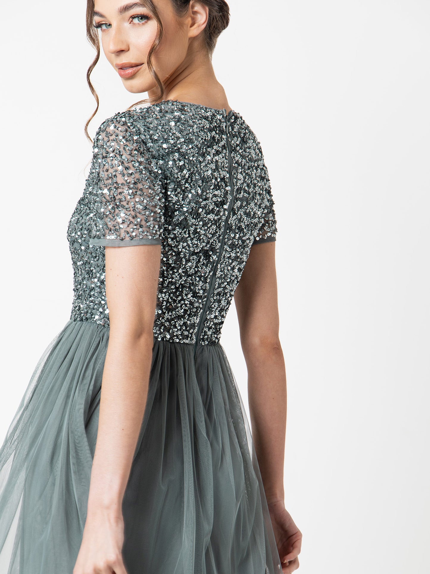 Maya Misty Green V Neckline Embellished Midi Dress