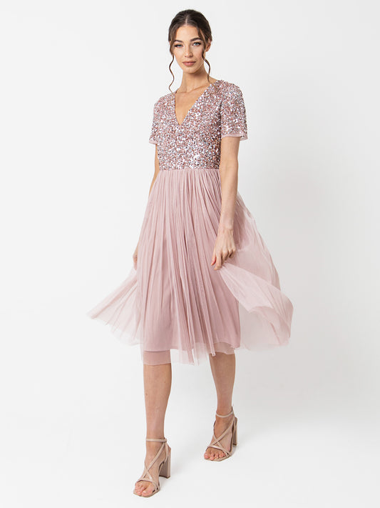 Maya Frosted Pink V Neckline Embellished Midi Dress