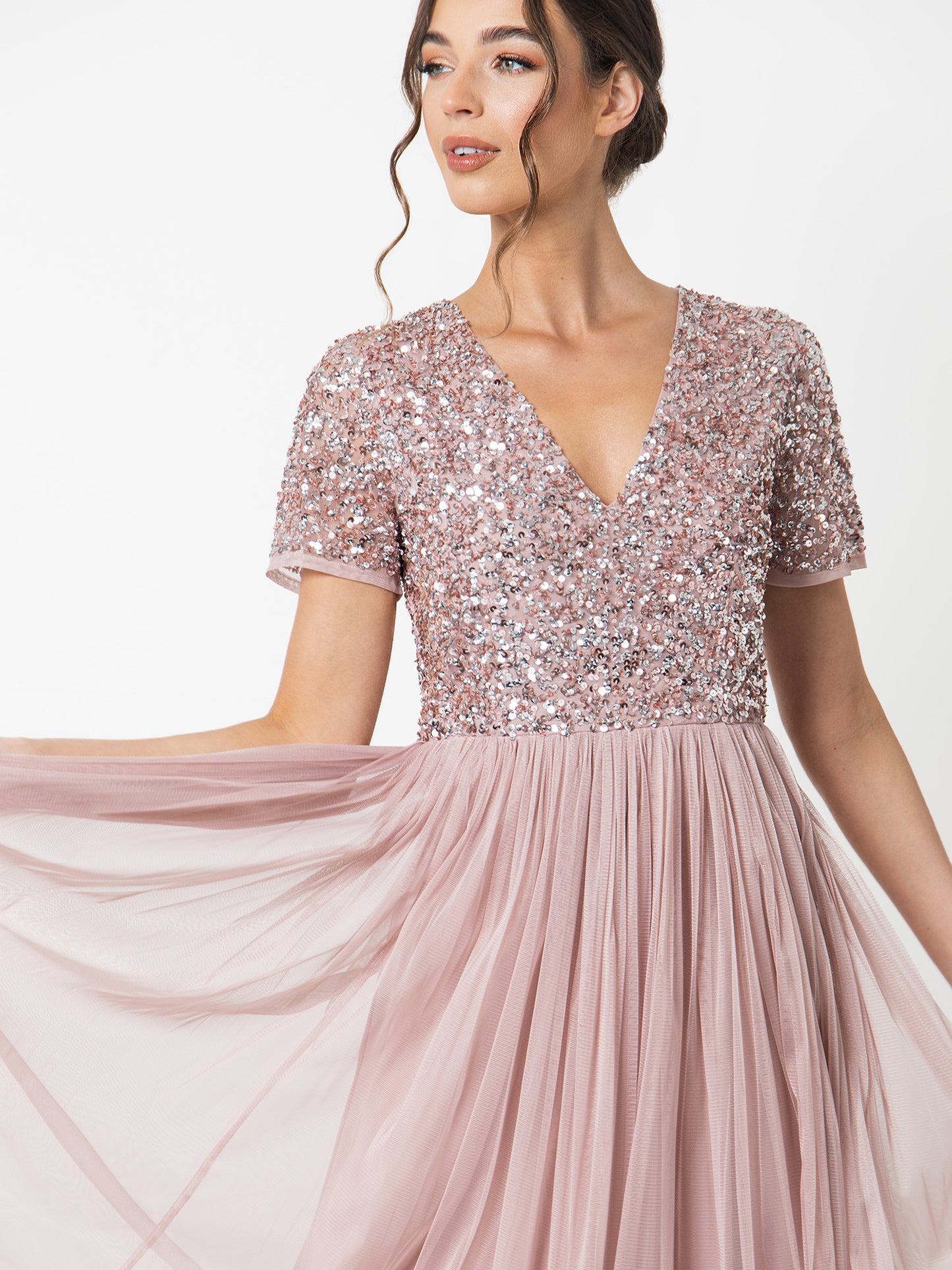 Maya Frosted Pink V Neckline Embellished Midi Dress