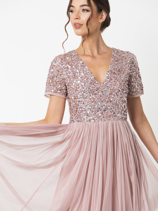 Maya Frosted Pink V Neckline Embellished Midi Dress