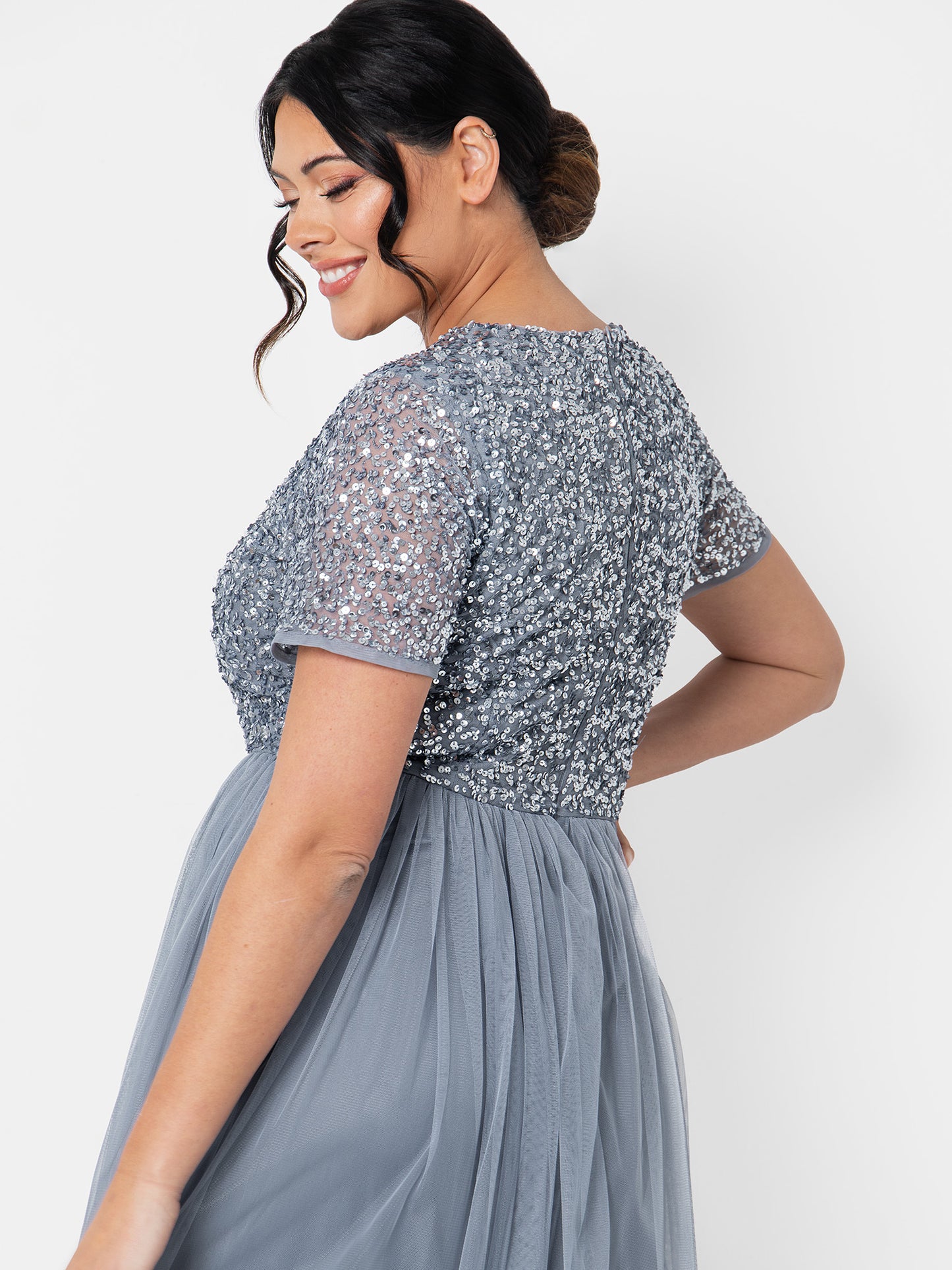 Maya Dusty Blue V Neckline Embellished Midi Dress