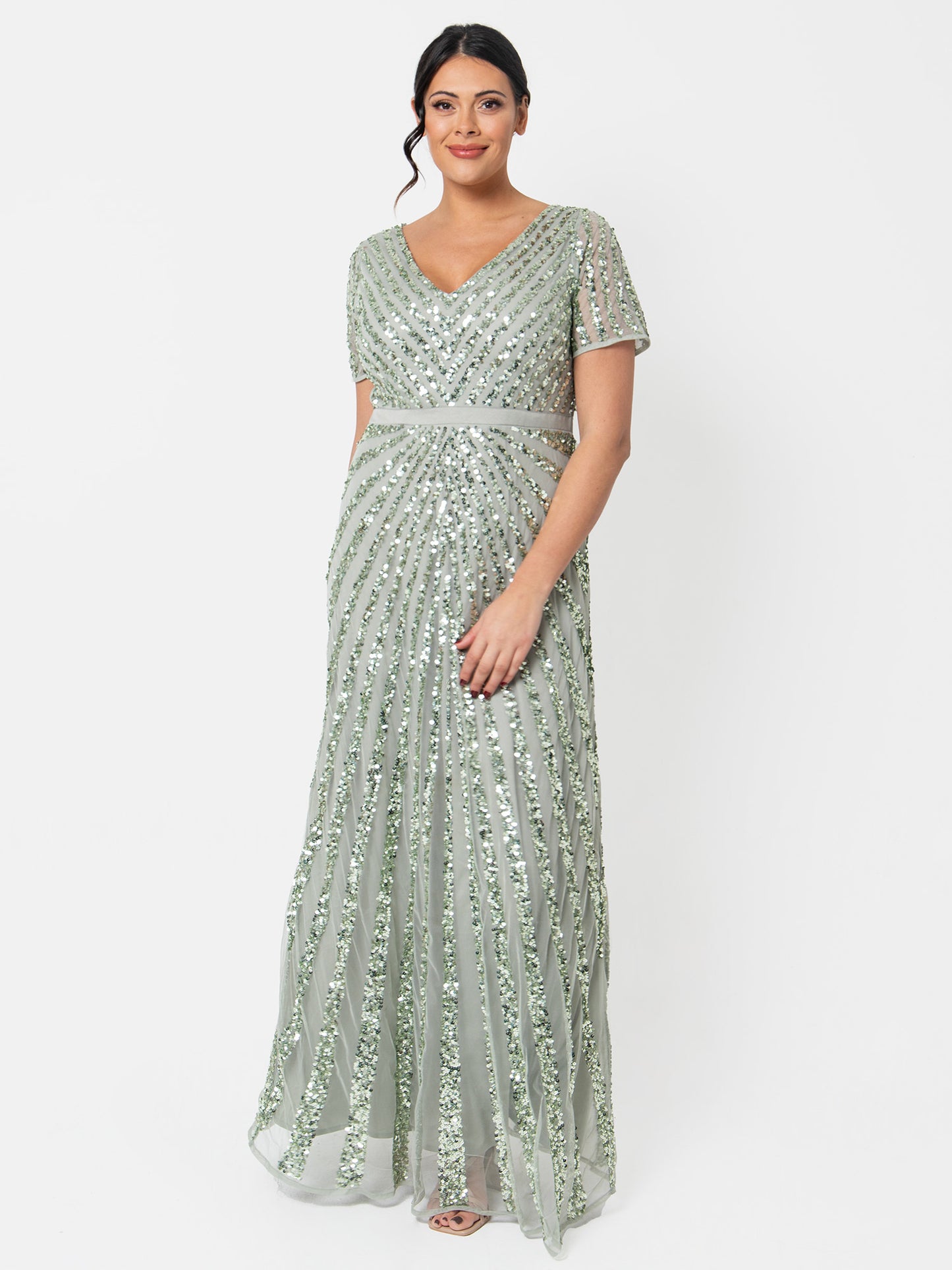 Maya Sage Green Short Sleeve Stripe Embellished Maxi Dress