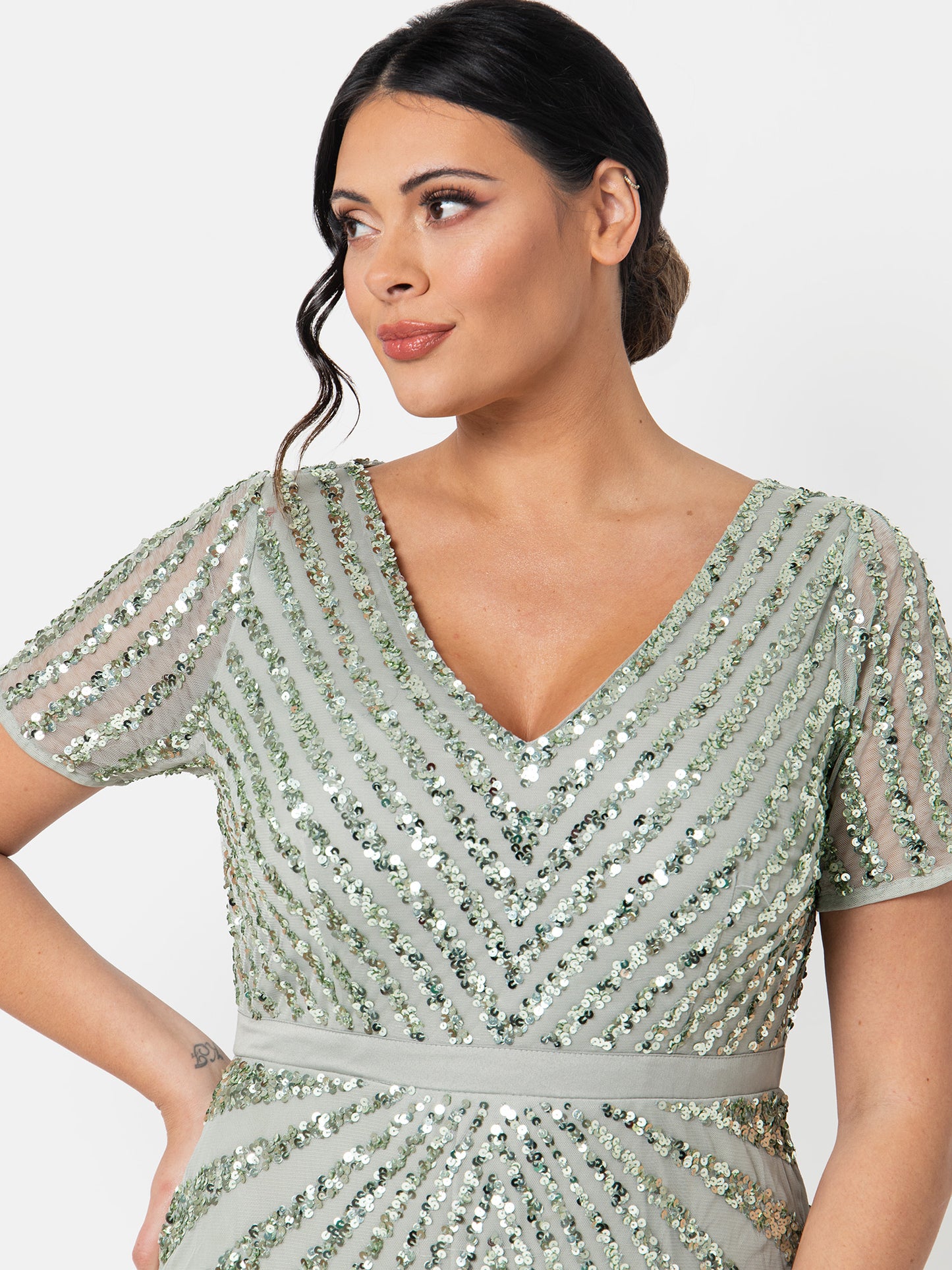 Maya Sage Green Short Sleeve Stripe Embellished Maxi Dress